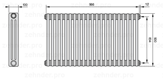 Схема (чертеж) Радиатор Zehnder Charleston 3090/21 №7610 Белый глянцевый RAL 9016
